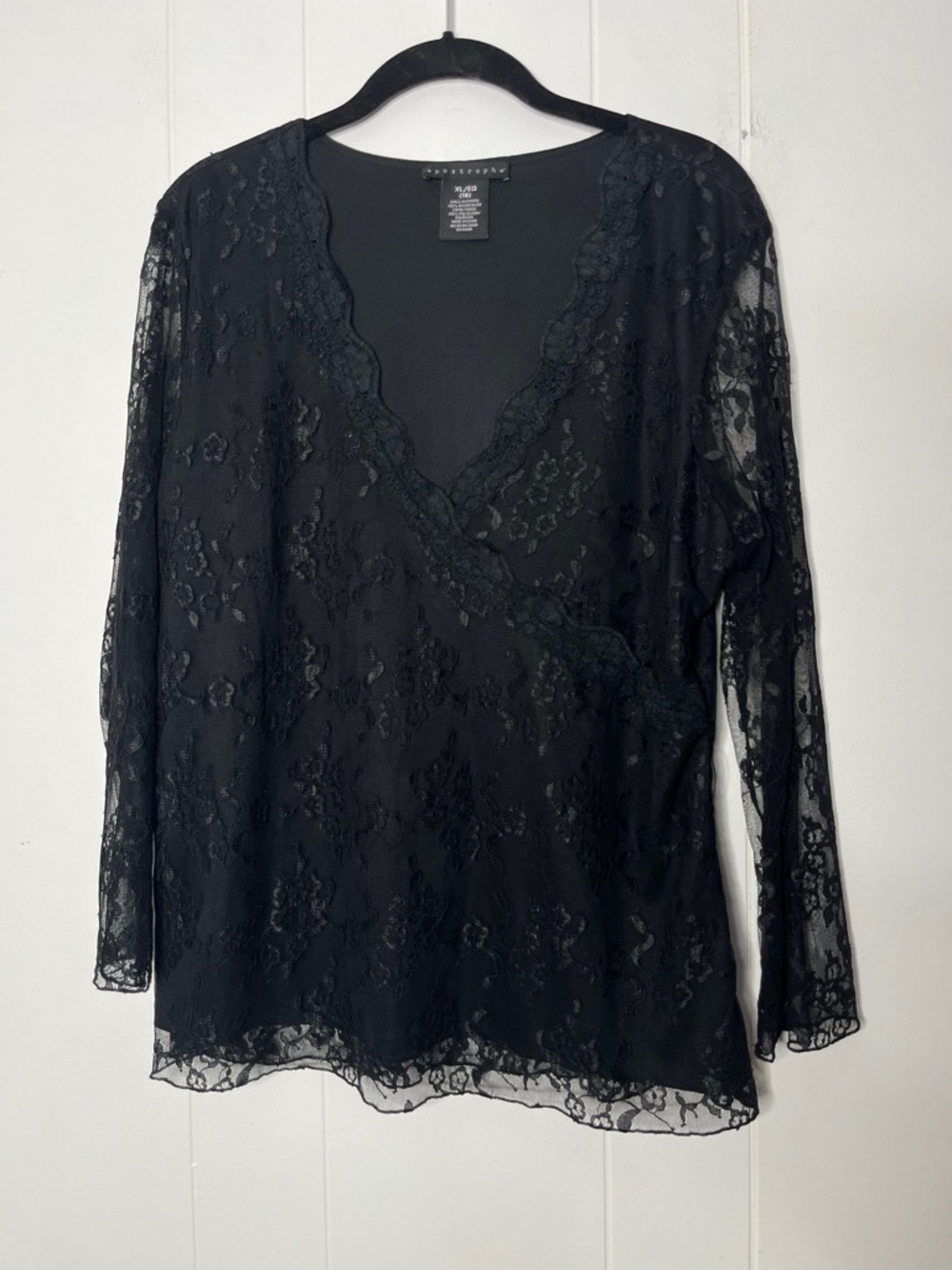 Black Lace Faux-Wrap Top V-neck Size XL Surplice Dark Romantic
